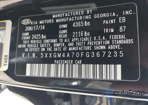 2015 Kia Optima Lx z USA, uszkodzony, nr VIN 5XXGM4A70FG367235